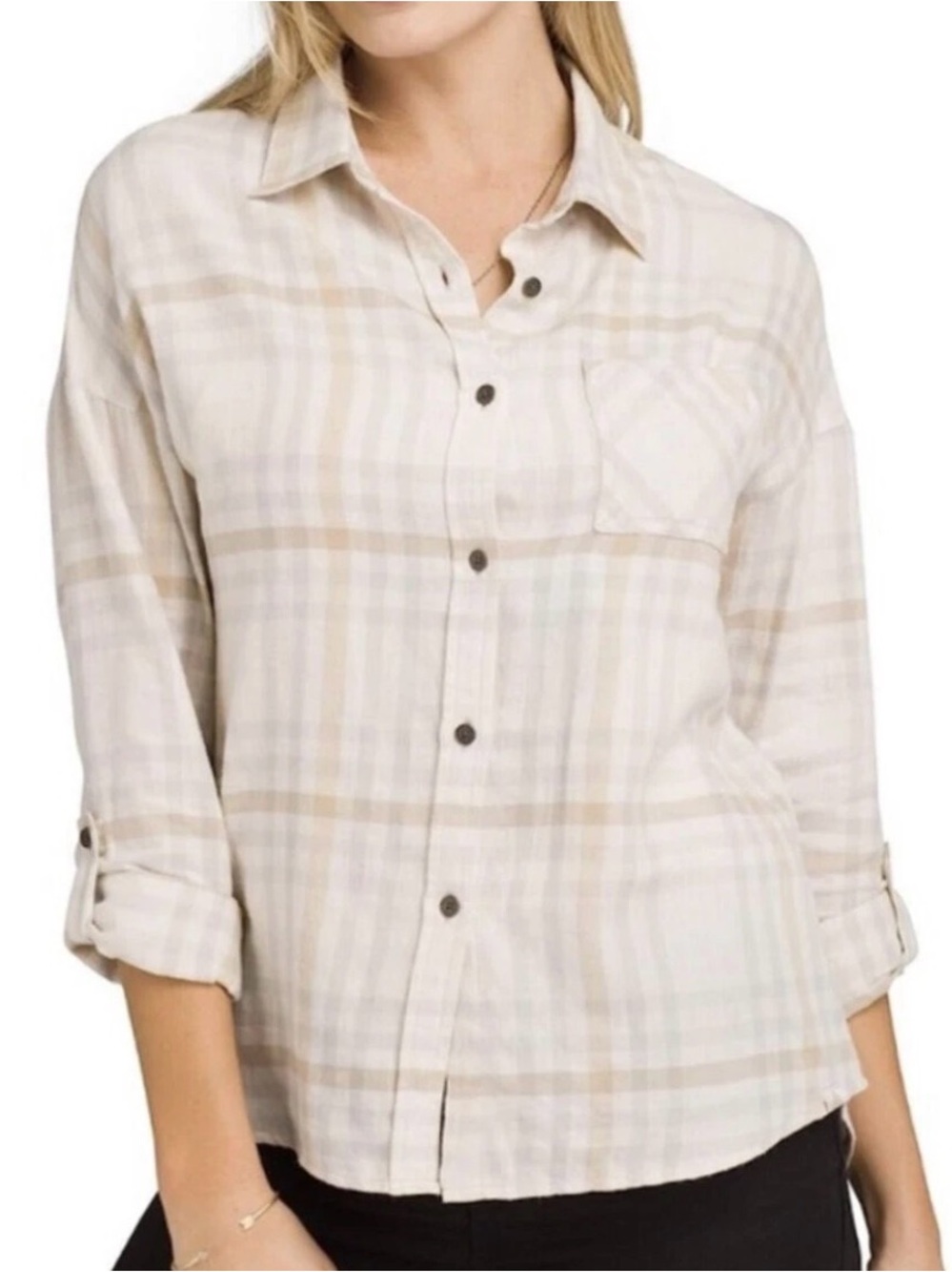prAna Percy Moonlight Plaid Cotton Flannel Top Cream Blue Tan Women’s XL